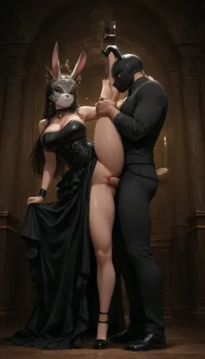A big muscled male. Male rabbit mask on face. fucking goth girl standing. Hair pull. Bodnage. Full body. Leg up.