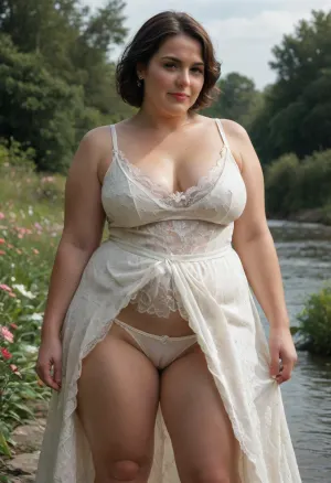 Woman, new photo. Realistic photo, sefiya.photography 2025. Masterpiece. High detail. Very dynamic, high-quality shot. Excellent quality. Realistic high-quality photo, sunny day., (obese:1.1), ((long flower dress with white lace top)), (((cameltoe:1.4))), ((49-year-old BBW of low height, brunette with short hair, mommy, cutie from, chubby, (MILF:1.6), with big tits)), ((very large breasts)), (standing with her backside, bent low scooping water from the river with a bucket, 1.3), . Wet white panties are transparent and ride up, revealing a round big massive saggy ass, bikini, red, gold, black, <lora:neiyi1_XL_reg0_:.8>, <lora:lush_lora_xl:.8>