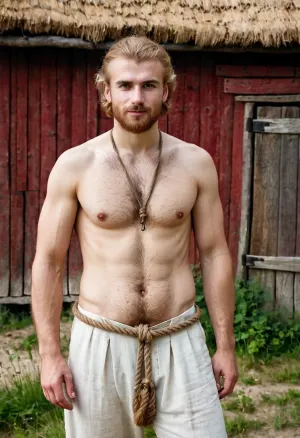 documentary style, authentic historical reconstruction, full-body portrait of an ordinary Slavic man, (27 years old), in medieval Rus. blonde hair. Average, soft physique with no muscle definition, naturally very hairy chest and stomach. He wears a simple linen undershirt, (rubakha), untied and open over his hairy body, and plain medieval trousers, (portki), tied with a rope. The pants are slightly lowered, revealing a hairy pubic area. He stands in a village setting near a wooden shed. There's another man standing nearby, he's red-haired, he's 30 years old. He has thick chest hair and hairy armpits. He puts his arm around the first man's shoulders, smiling. Earth tones, natural daylight, unposed, skin with imperfections, dirty hands and feet in simple footwear, handslora, <lora:sweaty_shirt_v5-28-B1-Rescale:.8>, <lora:Hands:.8>, <lora:Puppy_Face:.8>, <lora:Inata_Hot_Guys:.8>