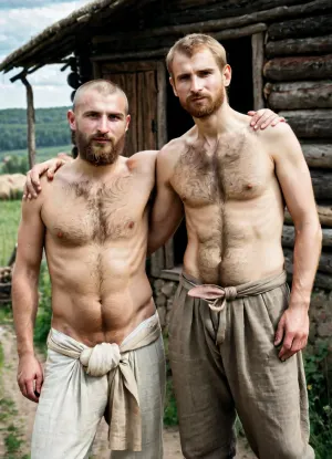 documentary style, authentic historical reconstruction, full-body portrait. Two ordinary Slavic men in a village of medieval Rus, natural daylight. Earth tones, unposed, candid moment. Skin with pores, imperfections, dirt under fingernails, dirty feet in simple lapti, (bast shoes), .

First man, (27 years old), blonde hair, average soft physique with no muscle definition, naturally very hairy chest, stomach, and lower abdomen. He wears a simple linen undershirt, (rubakha), untied and fully open, and plain medieval trousers, (portki), tied with a rope. The trousers are slightly lowered on his hips, revealing his hairy pubic area. He stands relaxed.

Second man, (30 years old), red-haired, thick chest hair and hairy armpits visible under his own open rubakha. He puts his arm around the first man's shoulders in a friendly manner, smiling. Both men have a natural, weary look.

Setting, a simple village yard with a wooden shed, (sennik), in the background, trampled earth., <lora:sweaty_shirt_v5-28-B1-Rescale:.8>, <lora:Hands:.8>, <lora:Inata_Hot_Guys:.8>, <lora:xpenis-1.5e:.8>
