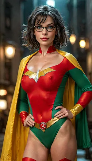 ASSIGNMENT, Take an award-winning photo of a gorgeous 45-year-old Boston MILF dressed as Robin from DC Comics, BREAK.

COSTUME, (the classic red and green costume of Robin from DC Comics with a yellow cape and the iconic "R" emblem on the chest:1.2), (distinctive librarian glasses:1.15), stud earrings, wedding ring, BREAK.

FACE, beautiful Boston MILF, highly detailed face, pale skin, blushing, high forehead, slender eyebrows, thin lips, moist lips, light makeup, pixieish smile, distinctive librarian glasses, long eyelashes, bright green eyes, big expressive eyes, looking at viewer, eye contact, perfect teeth, smile, BREAK.

BODY, gorgeous 45-year-old Boston MILF, very slender, small naturally sagging breasts, B cup, ((very pale skin)), blushing skin, large areolae with puffy nipples, detailed natural breasts, perfect ass, navel, detailed realistic skin with pores and hair follicles, ((pale creamy skin)), very hairy bush, perfect hands, handslora, BREAK.

HAIR, short gray-black hair with white streaks, hair in tight ringlets, ((white streaks in hair:1.7)), detailed hair, BREAK.

LOCATION, (bokeh), a dark alley in Gotham City, BREAK.

POSE, standing, hero shot, central focus, (show from thighs up), BREAK.

AESTHETIC, score_9, score_8_up, score_7_up, solo, cinematic, 8K, hyper realistic, sexy as hell, BREAK.

TEMPLATES, but, clothes, 4ng3l, face, braless, Wearing, that, make, sense, with, Braless>, <lora:add-detail-xl:2>, <lora:BUT_SDXL_SHS:1>, <lora:MJ52:2>, <lora:SDXL_BetterFaces-LoRA_v1:2>, <lora:bralessSDXL_v1_00022:1>