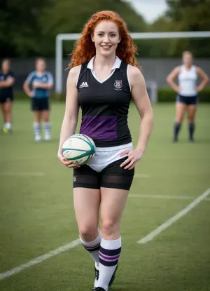 A 18 old year red-haired student with very long, curly red hair, dark green eyes, and bright red lipstick stands on an outdoor rugby field with a well-maintained black lawn. She wears a women's rugby outfit consisting of a fitted black tank top with white details and white shorts. The fabric is technical and close-fitting, typical of training or match wear, She is holding a white rugby ball in one hand, decorated with colorful black and purple patterns. Her other hand is holding a small white accessory, similar to a ribbon or sports protection. She is wearing long black knee-high socks and black sports shoes with white stripes.
A beige bandage or tape is visible on her right knee, suggesting protection or a sports injury. Her posture is relaxed, slightly in motion, with her weight distributed naturally, as if she were walking or had just stopped, She is smiling broadly, conveying a joyful, confident, and energetic expression. Her red hair is loose, a practical hairstyle for sports. The scene takes place in broad daylight, with soft natural light. In the background, blurred colorful signs typical of a sporting event can be seen, creating a shallow depth of field that highlights the subject, Photographic style, realistic sports photography, candid shot, natural colors, sharp focus on the subject, slightly blurred background.
