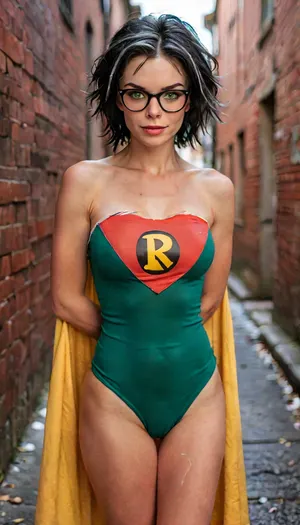 ASSIGNMENT, Take an award-winning photo of a gorgeous 45-year-old Boston MILF dressed as Robin from DC Comics, BREAK.

COSTUME, (the classic red and green costume of Robin from DC Comics with a yellow cape and the iconic "R" emblem on the chest:1.2), librarian glasses, stud earrings, wedding ring, BREAK.

FACE, beautiful Boston MILF, highly detailed face, pale skin, blushing, high forehead, slender eyebrows, thin lips, moist lips, light makeup, pixieish smile, long eyelashes, bright green eyes, big expressive eyes, looking at viewer, eye contact, perfect teeth, smile, BREAK.

BODY, gorgeous 45-year-old Boston MILF, very slender, small naturally sagging breasts, B cup, ((very pale skin)), blushing skin, large areolae with puffy nipples, detailed natural breasts, perfect ass, navel, detailed realistic skin with pores and hair follicles, ((pale creamy skin)), very hairy bush, perfect hands, handslora, BREAK.

HAIR, short gray-black hair with white streaks, hair in tight ringlets, ((white streaks in hair:1.7)), detailed hair, BREAK.

LOCATION, (bokeh), a dark alley in Gotham City, BREAK.

POSE, standing, hero shot, central focus, (show from thighs up), BREAK.

AESTHETIC, score_9, score_8_up, score_7_up, solo, cinematic, 8K, hyper realistic, sexy as hell, BREAK.

TEMPLATES, but, clothes, 4ng3l, face, braless, Wearing, that, make, sense, with, Braless>, <lora:add-detail-xl:2>, <lora:BUT_SDXL_SHS:1>, <lora:MJ52:2>, <lora:SDXL_BetterFaces-LoRA_v1:2>, <lora:bralessSDXL_v1_00022:1>