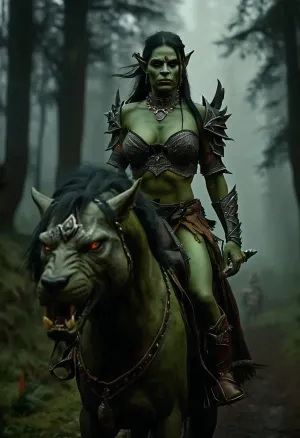 Uber realistic, 8k, ultra detailed, masterpiece, Beautiful female fantasy orc, (green skin), mounted riding a large wolf, along a dark forest path, (heavy fog:1.5), armor, detailed face, detailed hair, detailed body, detailed skin, detailed breasts, High, Resolution, More, Details, 8K, but, <lora:MJ52:.8>, <lora:add-detail-xl:.8>, <lora:BUT_SDXL_SHS:.3>