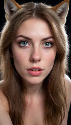 (selfie, portrait, face portrait with emphasis on her eyes, close up of face, fisheye lens:1.5), (dramatic high contrast rim lighting with sharp otherworldly shadows:1.8), (Scandinavian and Irish features), (photorealistic, photo realistic, photorealism, photo realism:1.8), (4k, 8k, 8k resolution, best quality, ultra quality, highest quality, maximum quality, uncompressed, raw source photograph:1.2), (same color eyes, symmetric eyes, matching eyes, detailed eyes, detailed iris, detailed pupils, limbal ring around iris, perfectly round iris, perfectly round pupils:1.4), (detailed skin, high detailed skin, intricately detailed skin, perfectly detailed skin, high quality skin, highest quality skin, exquisitely textured skin), (intricate clothing, detailed clothing), (microblade eyebrows, perfectly manicured eyebrows), (flushed cheeks, flushed neck, blushing cheeks, blushing neck), (her wide strong jaw highlights her powerful jawline, high cheekbones, sharp cheekbones, faint vellus hairs), (cute tall tall upturned button nose, delicate nose), (long messy hair framing her face, ginger hair with dark roots:1.3), (big eyes, wide eyes, doe eyes, slightly wide set eyes), (striking eyes, captivating eyes, mesmerizing eyes, glittering eyes, Fae eyes), (pale light green eyes with golden flecks), (large natural soft breasts, high breasts), (athletic body, sporty body, lean body, fit body), (she's in love, adoring gaze, loving expressing, adoring expression, joyous, joyful, pleased), (girlfriend, girlfriend material, girlfriend experience), (pale skin with freckled cheeks and nose, noticeable freckles), (facing directly into camera, head tilted slightly forwards), (female werewolf, pleasurable transformation from human to werewolf, wolf snout, wolf eyes, body covered in wolf hair:1.5), (full moon:1.2)
