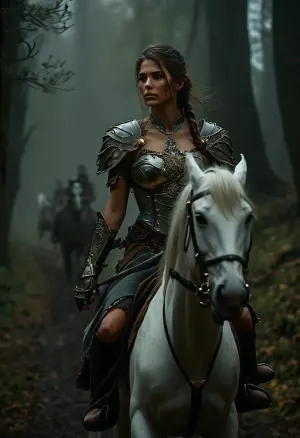 Uber realistic, 8k, ultra detailed, masterpiece, Beautiful female fantasy paladin, mounted riding along a dark forest path, (heavy fog:1.5), armor, zombies hiding in the forest, detailed face, detailed hair, detailed body, detailed skin, detailed breasts, High, Resolution, More, Details, 8K, but, <lora:MJ52:.8>, <lora:add-detail-xl:.8>, <lora:BUT_SDXL_SHS:.3>