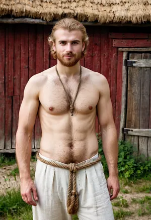 documentary style, authentic historical reconstruction, full-body portrait of an ordinary Slavic man, (27 years old), in medieval Rus. blonde hair. Average, soft physique with no muscle definition, naturally very hairy chest and stomach. He wears a simple linen undershirt, (rubakha), untied and open over his hairy body, and plain medieval trousers, (portki), tied with a rope. The pants are slightly lowered, revealing a hairy pubic area. He stands in a village setting near a wooden shed. There's another man standing nearby, he's red-haired, he's 30 years old. He has thick chest hair and hairy armpits. He puts his arm around the first man's shoulders, smiling. Earth tones, natural daylight, unposed, skin with imperfections, dirty hands and feet in simple footwear, handslora, <lora:sweaty_shirt_v5-28-B1-Rescale:.8>, <lora:Hands:.8>, <lora:Puppy_Face:.8>, <lora:Inata_Hot_Guys:.8>