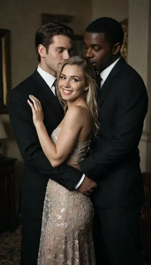 interracial, cuckold scene, (((1black male in suit is behind the sexy lady hugging the lady))), The happy blonde German lady in sexy lacy evening dress, full view of lady, happy, romantic_couple_poses, <lora:dark:.5>, <lora:happy_v2:.8>