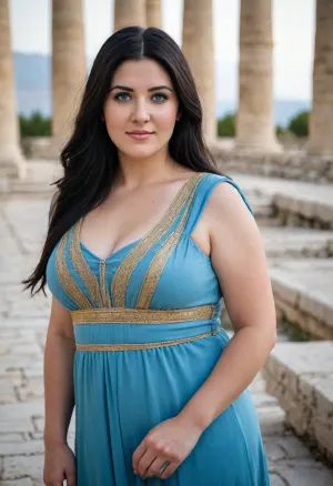 chubby greece woman, black hair, blue eyes, very long straight layered hair, (Wearing a long ancient greece.style dress), Seductive, smiling. Eye contact .
She is fucked by ancient greece soldier