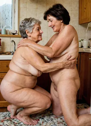 full view, side view, two naked granny, 74 old womens, they have dark short hair, lesbian, they are fat grannys, dark short hair, hug, legs between legs, wide spread hairy cunts, hand masturbation, in kitchen, no dress, they put a finger in each other's asshole