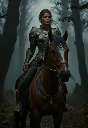 Uber realistic, 8k, ultra detailed, masterpiece, Beautiful female fantasy paladin, mounted riding along a dark forest path, (heavy fog:1.5), armor, zombies hiding in the forest, detailed face, detailed hair, detailed body, detailed skin, detailed breasts, High, Resolution, More, Details, 8K, but, <lora:MJ52:.8>, <lora:add-detail-xl:.8>, <lora:BUT_SDXL_SHS:.3>