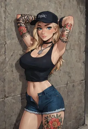 8k, score_9, score_8_up, score_7_up, Reiq feat Incase feat innv feat melkor mancin style, 25+, slender, Rounded Breast, Very blonde Hair, Tattoo, Cosplay, black backwards cap, dark blue eyes, looking at viewer, firm perky large breasts, tight svelte waist, slender figure, artistic tattoos, dragon tattoos, geometric tattoos, tribal tattoos, floral tattoos, totem tattoos, tattoos on arms, tattoos on forearms, tattoos on chest and stomach, american traditional style tattoos, dogtag neck chain, wrist watch, (black tanktop), (breasts fully covered by black Tanktop), (((blue denim cutoff shorts))), unzipped pants, open fly, shaved pussy, no panties, posing in American alley, stretching, citylora, <lora:City_SDXL_v1:.8>, ratatatat74, cute, doodle, <lora:ratatatat74-000050:.8>, <lora:cutedoodle_XL-000012:.8>, <lora:NEOTOKIOXL_0.2_RC:.8>, <lora:outline_xl_kohaku_delta_spv5x:.8>