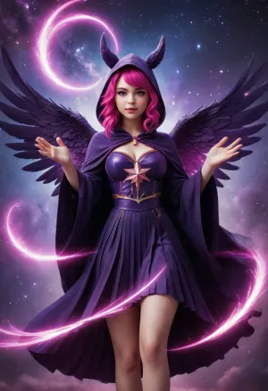 young curvy model, High-quality digital anime splash art, magical girl celestial theme. A character with vibrant magenta hair and glowing pink eyes wearing a dark purple hooded cloak with tall pink feathered ears. She wears a dark indigo and gold-trimmed dress with a pleated skirt and a glowing pink star on her chest. She is conjuring a floating, glowing four-pointed pink star in her hand. Large dark wings, cosmic background with twinkling stars and purple nebula, magical glowing atmosphere, sharp focus, cinematic lighting, ethereal energy trails.