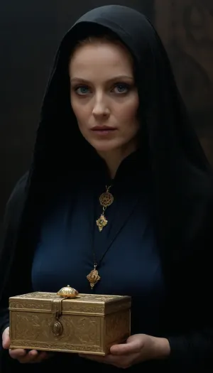 a photorealistic image in the style of a cinematic trailer based on Dune, showcasing the mysterious Bene Gesserit. Visual Style, Dark, unhurried, with elements of psychological horror and mysticism—like the films of David Lynch, but with an emphasis on feminine power and sacred danger.
Setting, A dark chamber deep on Wallach IX, where the bene gesserit's order is located. The place is mystical, we can feel a cosmic presence there, because of the fumes from the spice.
The photograph shows the 40 years-old, mother superior, of Bene Gesserit. She stands there menacingly, (((She has otherworldly eyes, (blue:1.3)))), (she's wearing only a large cloak, which reveals her perfect body, with desirable breasts, (((Her body is both attractive and sacred)))), ., (((she holds a decorated, and mysterious little golden box)), .
Technical Details, Lighting, Rembrandt – deep shadows, the face illuminated by a cool blue light.
Color, Dark shadows + orange accents, (as in Dune 1984), but with enhanced blue for a mystical feel.
Atmosphere, The photograph should feel simultaneously sacred and brutal – the viewer should be simultaneously intrigued and terrified. Mother superior is vulnerable and worried, but she's a charismatic priestess whom gaze is hypnotic, and her gaze reflects her wisdom . The ending leaves a sense of mystery. She radiates a strange light.
Key Motifs, Visual Imagery, Scenes with the Bene Gesserit from Dune, (1984), .
Lighting, Greg Frazer's work in Dune, (2021), (contrast of shadow and light), .
High definition, 8K, HD, high quality, high detail, good lighting, beautiful, epic, masterpiece)