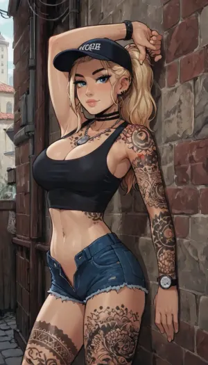 8k, score_9, score_8_up, score_7_up, Reiq feat Incase feat innv feat melkor mancin style, 25+, slender, Rounded Breast, Very blonde Hair, Tattoo, Cosplay, black backwards cap, dark blue eyes, looking at viewer, firm perky large breasts, tight svelte waist, slender figure, artistic tattoos, dragon tattoos, geometric tattoos, tribal tattoos, floral tattoos, totem tattoos, tattoos on arms, tattoos on forearms, tattoos on chest and stomach, american traditional style tattoos, dogtag neck chain, wrist watch, (black tanktop), (breasts fully covered by black Tanktop), (((blue denim cutoff shorts))), unzipped pants, open fly, shaved pussy, no panties, posing in American alley, stretching, citylora, <lora:City_SDXL_v1:.8>, ratatatat74, cute, doodle, <lora:ratatatat74-000050:.8>, <lora:cutedoodle_XL-000012:.8>, <lora:NEOTOKIOXL_0.2_RC:.8>, <lora:outline_xl_kohaku_delta_spv5x:.8>