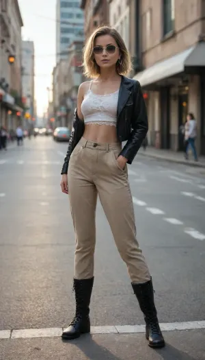 Confident young woman standing in the middle of a wide city street, side view, full-length shot from a low angle, sexy pose, strong dominant pose, legs apart, shoulders back, hands holding lapels of black distressed leather jacket, long styled blonde hair, wearing dark sunglasses, white lace crop top, beige high-waisted cargo pants, black combat boots, contemporary urban style, strong and independent stance, confident facial expression, cinematic street photography, European urban architecture with classical buildings in the background, wide boulevard with a city bus passing behind, urban environment, daytime scene, clear sky, warm sunlight, natural shadows, realistic street scale, shallow depth of field, slightly blurred background, sharp focus on subject, dynamic composition, leading lines of the street, professional fashion photography, high realism, ultra-detailed textures, natural skin tones, 35mm lens view, f/2.8, cinematic color grading, editorial fashion photography