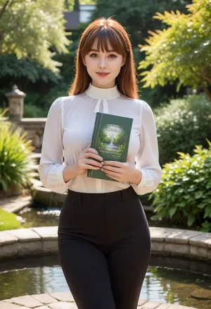 young curvy model, mirror selfie, minimalist aesthetic. A woman with shoulder-length reddish-brown hair styled with bangs High-quality anime illustration, gentle smile, holding a large book. Wearing a white high-neck blouse and high-waisted black trousers. Setting is a sunlit garden with a stone fountain and lush green leaves. Soft natural lighting, sunbeams, serene atmosphere, clean lines, detailed background, masterpiece style.