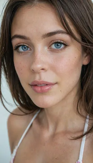 ziprealism, score_9, score_8_up, score_7_up, (face closeup, profile shot, side view, focus on lips:1.2), (full lips, plump lips, thick lips, glossy pink lips), (cute face, adorable face, delicate face, innocent face), (bashful toothy smile, adorable overbite:1.2), (huge soft breasts, natural breasts, pale breasts, pale pink nipples), Stable-Yogis-Makeup-Enhancer-XL