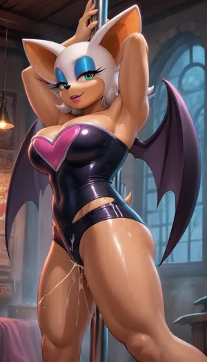 (reiq art style), (anime art style), (anime), (Furry, Rouge the Bat from Sonic the Hedgehog body:1.5), (open wet small sexy tight Rouge the Bat underwear:1.5), one. 1girl, solo, alone, sexy and busty body, big breasts, muscular body, defined muscles, figure, perfect breasts, perfect round ass, defined body muscles, leg muscles, defined arm muscles, beautiful horny face, horny, feeling pleasure, (sexy doing grinding dancing on a the pole:1.5), ((inside a room, neon, nighttime, dark night, by a window in the back)), (sweaty body), (big sweat wet dripping off hole body:1.5), (big sweat dripping off body:1.1), (cum strings:1.8), (cum:1.83), (cum on body:1.3), A masterpiece of the highest quality, the work of a real master, bouncing breasts, bouncing ass, seductive, seductive eyes, steam, sweat, front full body view, <lora:hentai_anime_style_xl_v1:2>, <lora:SDXLHighDetail_v6-000005:2>, <lora:ahegao_sdxl_v4:.5>