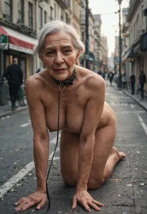 (A nude old woman of 70 years old:1.7), crawling on all fours through the city street, the old woman is wearing a dog-collar around her neck, and a well-dressed man is walking her on a leash, dark might, streetlights, Nikon D90.