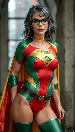 ASSIGNMENT, Take an award-winning photo of a gorgeous 45-year-old Boston MILF dressed as Robin from DC Comics, BREAK.

COSTUME, (the classic red and green costume of Robin from DC Comics with a yellow cape and the iconic "R" emblem on the chest:1.2), (distinctive librarian glasses:1.15), stud earrings, wedding ring, BREAK.

FACE, beautiful Boston MILF, highly detailed face, pale skin, blushing, high forehead, slender eyebrows, thin lips, moist lips, light makeup, pixieish smile, distinctive librarian glasses, long eyelashes, bright green eyes, big expressive eyes, looking at viewer, eye contact, perfect teeth, smile, BREAK.

BODY, gorgeous 45-year-old Boston MILF, very slender, small naturally sagging breasts, B cup, ((very pale skin)), blushing skin, large areolae with puffy nipples, detailed natural breasts, perfect ass, navel, detailed realistic skin with pores and hair follicles, ((pale creamy skin)), very hairy bush, perfect hands, handslora, BREAK.

HAIR, short gray-black hair with white streaks, hair in tight ringlets, ((white streaks in hair:1.7)), detailed hair, BREAK.

LOCATION, (bokeh), a dark alley in Gotham City, BREAK.

POSE, standing, hero shot, central focus, (show from thighs up), BREAK.

AESTHETIC, score_9, score_8_up, score_7_up, solo, cinematic, 8K, hyper realistic, sexy as hell, BREAK.

TEMPLATES, but, clothes, 4ng3l, face, braless, Wearing, that, make, sense, with, Braless>, <lora:add-detail-xl:2>, <lora:BUT_SDXL_SHS:1>, <lora:MJ52:2>, <lora:SDXL_BetterFaces-LoRA_v1:2>, <lora:bralessSDXL_v1_00022:1>