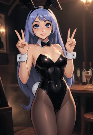 ((Melkor mancin meets Jack cayless style)), (reiq style), Cel-shaded, inked lineart, limited color palette, masterpiece, ((nejire hado)), smile, bunny suit, peace sign, hips swaying, motion lines, dynamic lighting, high contrast, perfect lighting, <lora:mk_Bp Anime_xl:1.2>, <lora:lineartSDXL:2>, <lora:EnvyBeautyXL01:2>
