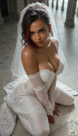 solo, 3/4 view, (25 year old beautiful athletic female:1.6), ((brunette asymmetrical hair with red highlights)), (olive skin:1.6), ((tight large breasts)), ((seductive pose)), ((view from above)), ((kneeling)), ((wedding veil)), (bridal dress:1.6), ((cathedral))
