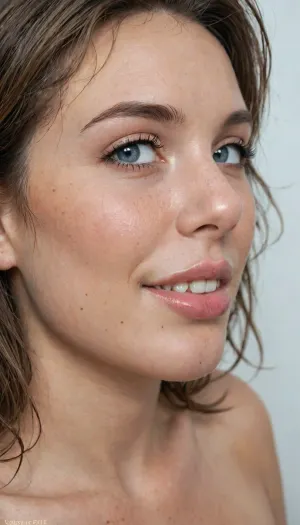 ziprealism, score_9, score_8_up, score_7_up, (intimate candid closeup, profile shot, side view, focus on lips), (full lips, plump lips, thick lips, glossy pink lips), (cute face, adorable face, delicate face, innocent face), (bashful toothy smile, adorable overbite, chin down, bashful pose, bashful eyes:1.2), (huge soft breasts, natural breasts, pale breasts, pale pink nipples), Stable-Yogis-Makeup-Enhancer-XL