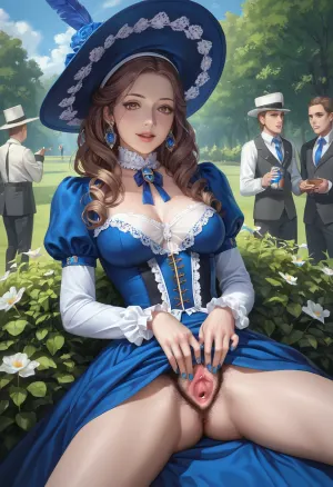 France, 19th century, a very beautiful sexy aristocrat mother, noble madame, elehant long brown hair, in a blue Victorian fluffy dress, lace stocking, a wide-brimmed hat with an ostrich feather, seductive face, She lies on her back on the grass in the park with her legs spread, you can see a hairy pussy, a pretty face, expressive brown eyes, next to two men's heads watching her From the bushes, (Voyeurism:1.5), (detailed pussy), top view