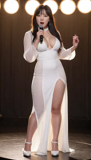 Best quality, 8K, high level of detail, 20-year-old Japanese singer, singing with a microphone in her hand, on stage under the spotlight, wearing a long white classic dress, white high-heeled shoes, medium hips, flat stomach, hourglass figure, (very hairy, plump pussy:1), front view, (huge breasts:1), black hair, straight or tied hair, (ashamed:1.4), (tall:1), (tall girl:1), (huge hips:1.1), (huge thighs:1), (Venus_Body_Alpha:.3)