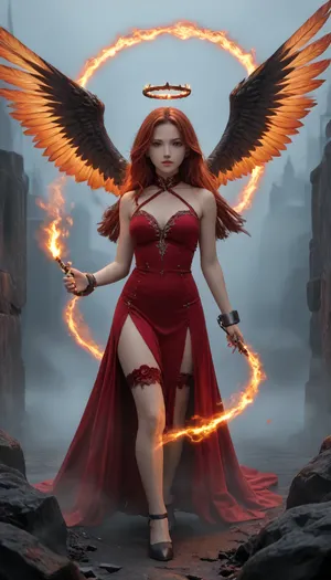 UHD 8K, extreme realism, cinematic, maximum detail, 500000000 billion year old woman, in hell, ((nighttime:2)), (fog:1.8), single light source above and behind, making eye contact, fallen angel, long red hair, whip made of fire, sexy dress with split down the side, thigh garter, halo of fire, shackles of fire. she is riding a black Pegasus, hooves on fire, blue fire, white fire, red fire, orange fire, nostrils smoking, eyes glowing an intense red, giant wings of fire. NEGATIVE_HANDS, <lora:Detailed_female_hands-000001:2>