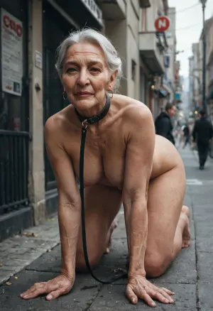 (A nude old woman of 70 years old:1.7), crawling on all fours through the city street, the old woman is wearing a dog-collar around her neck, and a well-dressed man is walking her on a leash, dark might, streetlights, Nikon D90.