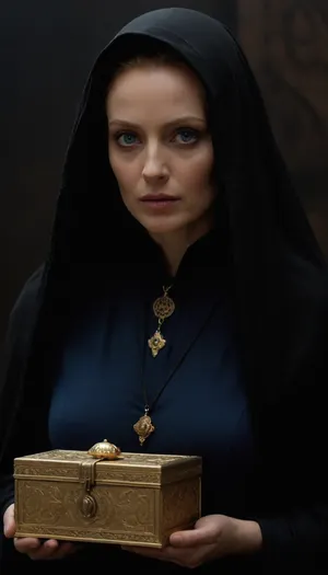 a photorealistic image in the style of a cinematic trailer based on Dune, showcasing the mysterious Bene Gesserit. Visual Style, Dark, unhurried, with elements of psychological horror and mysticism—like the films of David Lynch, but with an emphasis on feminine power and sacred danger.
Setting, A dark chamber deep on Wallach IX, where the bene gesserit's order is located. The place is mystical, we can feel a cosmic presence there, because of the fumes from the spice.
The photograph shows the 40 years-old, mother superior, of Bene Gesserit. She stands there menacingly, (((She has otherworldly eyes, (blue:1.3)))), (she's wearing only a large cloak, which reveals her perfect body, with desirable breasts, (((Her body is both attractive and sacred)))), ., (((she holds a decorated, and mysterious little golden box)), .
Technical Details, Lighting, Rembrandt – deep shadows, the face illuminated by a cool blue light.
Color, Dark shadows + orange accents, (as in Dune 1984), but with enhanced blue for a mystical feel.
Atmosphere, The photograph should feel simultaneously sacred and brutal – the viewer should be simultaneously intrigued and terrified. Mother superior is vulnerable and worried, but she's a charismatic priestess whom gaze is hypnotic, and her gaze reflects her wisdom . The ending leaves a sense of mystery. She radiates a strange light.
Key Motifs, Visual Imagery, Scenes with the Bene Gesserit from Dune, (1984), .
Lighting, Greg Frazer's work in Dune, (2021), (contrast of shadow and light), .
High definition, 8K, HD, high quality, high detail, good lighting, beautiful, epic, masterpiece)