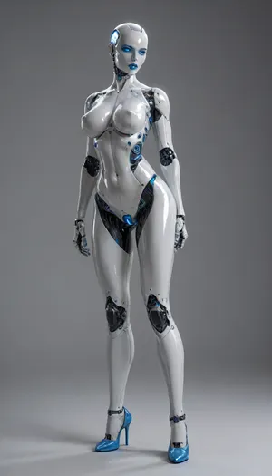 mechanical woman, full body, large metal breasts, robot vagina, molded high heels, platinum body, platinum skin, aluminum fighter, hard white plastic exoskeleton, transparent blue body parts, blue eyes, blue lipstick, blue heels, posing, tall, large, enhanced transparent blue breasts, oiled