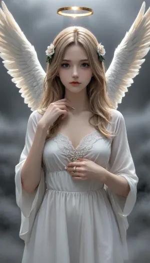 UHD 8K, extreme realism, cinematic, maximum detail, 500000000 billion year old woman, outdoors, (nighttime:1.8), (fog:1.8), single light source above and behind, view from below, making eye contact, ((monochrome:1.5)), ((black and white only:1.5)), descending, levitation, angel, angelic, beautiful, perfect face, flowing white robe, extremely long blonde hair, flower in hair, white and gold wings, glowing halo, beams of light, extending hand., NEGATIVE_HANDS, <lora:Detailed_female_hands-000001:2>