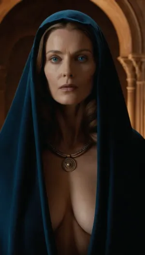a photorealistic image in the style of a cinematic trailer based on Dune, showcasing the mysterious Bene Gesserit. Visual Style, Dark, unhurried, with elements of psychological horror and mysticism—like the films of David Lynch, but with an emphasis on feminine power and sacred danger.
Setting, A dark chamber deep on Wallach IX, where the bene gesserit's order is located. The place is mystical, we can feel a cosmic presence there, because of the fumes from the spice.
The photograph shows the 40 years-old, mother superior, of Bene Gesserit. She stands there menacingly, (((She has otherworldly eyes, (blue:1.3)))), ((((She is fully naked)))), (she's wearing only a large cloak, which reveals her perfect body, with desirable breasts, (((Her naked body is both attractive and sacred)))), .
Technical Details, Lighting, Rembrandt – deep shadows, the face illuminated by a cool blue light.
Color, Dark shadows + orange accents, (as in Dune 1984), but with enhanced blue for a mystical feel.
Atmosphere, The photograph should feel simultaneously sacred and brutal – the viewer should be simultaneously intrigued and terrified. Mother superior is vulnerable and worried, but she's a charismatic priestess whom gaze is hypnotic, and her gaze reflects her wisdom . The ending leaves a sense of mystery.
Key Motifs, Visual Imagery, Scenes with the Bene Gesserit from Dune, (1984), .
Lighting, Greg Frazer's work in Dune, (2021), (contrast of shadow and light), .
High definition, 8K, HD, high quality, high detail, good lighting, beautiful, epic, masterpiece