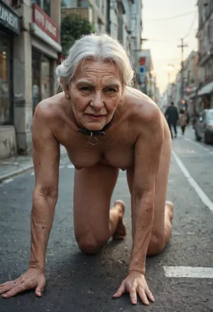 (A nude old woman of 70 years old:1.7), crawling on all fours through the city street, the old woman is wearing a dog-collar around her neck, and a well-dressed man is walking her on a leash, dark might, streetlights, Nikon D90.