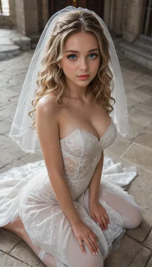solo, 3/4 view, (18 year old young beautiful petite female:1.6), ((blonde wavy hair)), ((light blue eyes)), ((tight large breasts)), ((seductive pose)), ((view from above)), ((kneeling)), ((wedding veil)), (bridal dress:1.6), ((cathedral))