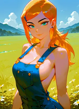 1girl, overalls, naked_overalls, solo, breasts, realistic, outdoors, looking_at_viewer, blonde_hair, sideboob, smile, day, medium_breasts, blue_eyes, long_hair, sky, gwen, tennyson, (/Ben10), /, (ultra, HD, quality, details), bright, orange, hair, short, (green, eyes), <lora:Gwen Tennyson (Ben10) - XL SCXL V1.0:.8>
