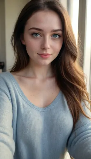 UHD 8K, cinematic masterpiece, maximum quality, maximum details, natural lighting, maximum realism, late afternoon, golden light, high contrast, (natural light), deep shadows, colorful picture, sunlight, score_7_up, score_8_up, score_9, 1girl, solo, intimate, sexual, insatiable, lustful, erotica, irresistible, detailed face, supermodel face, perfect eyes, very insecure 21yo college student, wants to be a good girlfriend, takes a topless selfie, dark hair, blue eyes, long straight hair, pale skin, freckles, knitted sweatshirt, heavy makeup, gorgeous girl, cutest face, curvy body, large tits, smiling wide