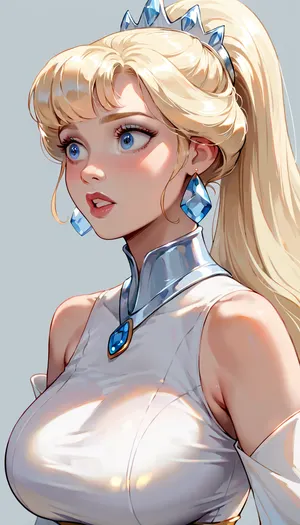 Disney princess. Beautiful woman. White blonde hair, (surprised:.5), (chubby:.1), . Ponytail with bangs. Straight hair. Blue eyes., (large breasts), (sagging breasts:.5), white croptop. Close up view. White sleeves.