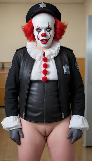 SSBBW Texas Police Officer, (withe pennywise clown face makeup:1.9), (wearing black American police hat:1.9), (wear open black Police Jacket:1.8), standing in the Ball Pool with Plastic Balls in police station in background, Obese fatty enormous nude big saggy natural bare breasts and Belly, no panties, (Big sagging obese belly:1.5), slightly spread legs, swollen cunt, big labia, big clit, looking at the viewer, big red clown wig, (strong cellulite:1.9), full body view, excited, aroused, tack sharp, 5k, dslr