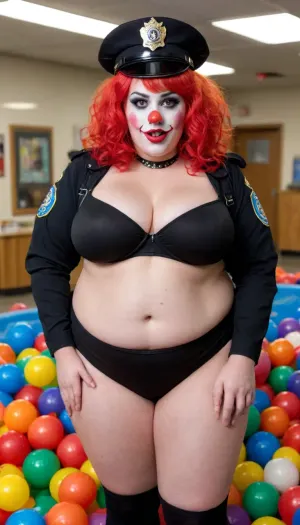 Obese fatty young Texas Police bimmbo SSBBW girl, fatty Texas Police Officer, open black Police Jacket with sheriff badge, enormous big saggy natural bare breasts hanging out, full body view, standing in the Round Ball Pool with thousands Plastic Balls in Texas police station, very fatty obese, wearing overknee clown socks, friendly withe pennywise clown face makeup, no panties, no Bra, strong withe clown makeup, looking at the viewer, big red clown wig, wearing official black American police hat, holding big black horse dildo, excited, aroused, tack sharp, 5k, dslr