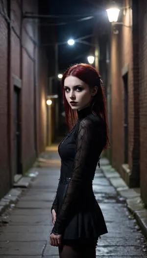 dark alley, no lights, 29 year old goth girl, spider theme