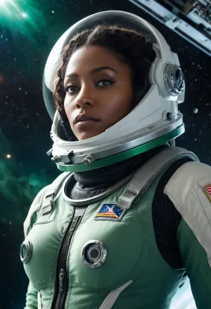 Cinematic, hyper-realistic, epic science fiction, far future, spacecraft drifting in front of the horse-head nebula, a beautiful black woman astronaut with green eyes repairs the ship in open space, she wears a skin-tight spacesuit