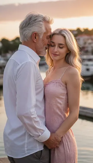 Photo-realistic, cinematic portrait of an elderly man with white hair in a white shirt and a naked younger woman with long hair and small breasts, and smooth pussy, sharing a tender moment by a sunlit harbor at golden hour. They stand close, the woman resting her head on the man's shoulder, smiling softly. The foreground is sharp on the couple, the background features a calm harbor with shimmering reflections on the water, distant low-rise buildings along the shoreline, and a pastel sunset sky with peaches, pinks, and lavender. Warm rim lighting highlights their hair and faces, gentle shadows and natural textures on clothing and shin. Colors blend warm golds and pinks with cool blues of the water. Composition follows the rule of thirds with the couple on the left and the horizon in the upper third, shallow depth of field creates a softly blurred background. Mood, timeless, affectionate, serene.