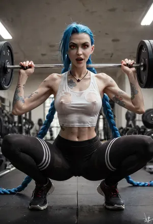 score_9, score_8_up, score_7_up, score_6_up, Uber realistic, 8k, ultra detailed, masterpiece, (Jinx:1.4), (Arcane), sweating, (highly detailed eyes), struggling expression, (erect nipples under cropped large athletic tank top, tight athletic leggings with camel toe), (squatting using barbell, body shaking, legs shaking), (gym, large mirrors, scattered workout equipment), (((motion lines, speed lines, sound effects))), (depth of field), (low light, soft focus, realistic, high quality, high contrast, highly detailed, rim lighting)