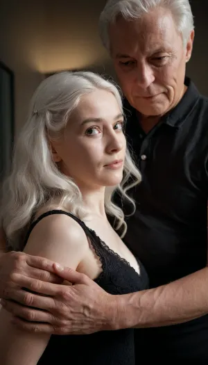 A hyper-realistic cinematic portrait of a very elderly man with deep wrinkles, white hair, and fragile hands gently holding a young adult woman with black wavy hair by her arms. The contrast between age and youth is emphasized, the man appears wise and worn by time, while the woman looks calm and strong. Soft dramatic lighting, shallow depth of field, emotional and intimate atmosphere, high detail, realistic skin textures, 4K resolution, fine art photography style.