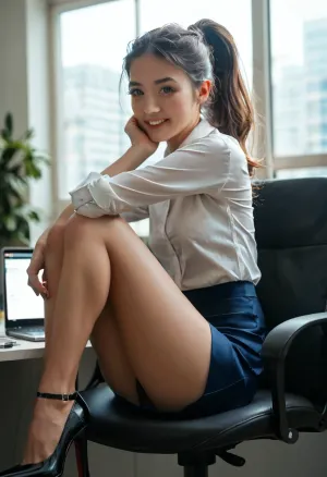 Masterpiece, (photorealistic:1.3), ultra high detail, slender japanese office worker, beautiful young woman, gorgeous face, bug eyes, great posture, sitting on an office chair, desk with laptop and papers, tight form hugging high rise skirt, satin shirt, skirt hiked up barely revealing top of stocking, plain background, upskirt, (flirty), biting a pen, ponytail, studio lighting, <lora:style_lora_realis:.9>, <lora:MJ52:.3>, <lora:sdxl_snakeoil_v1:.4>, <lora:cfg_scale_boost:.7>