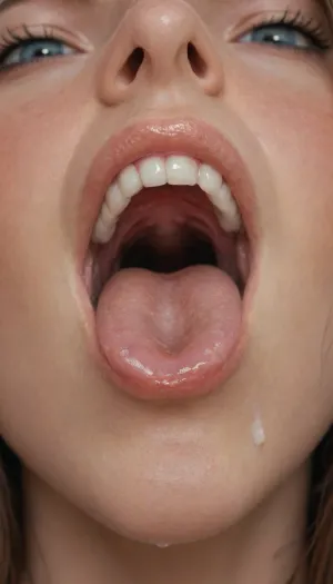 extreme close up of open drooling gaping pussy containing teeth and tongue, very pretty, very cute totally nude 19-year-old coed, flushing, blushing, orgasming